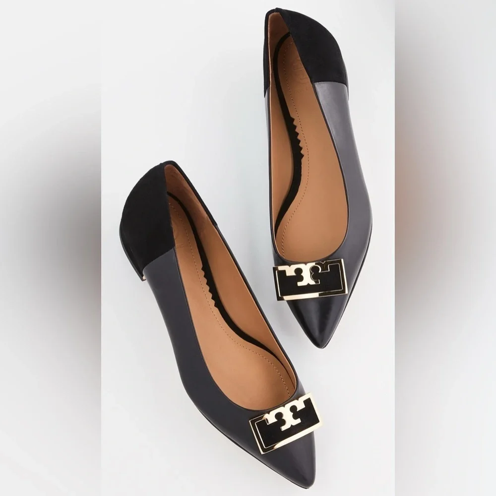 TORY BURCH Suede-trimmed Embellished Leather Point-toe Flats In Perfect Black 7
